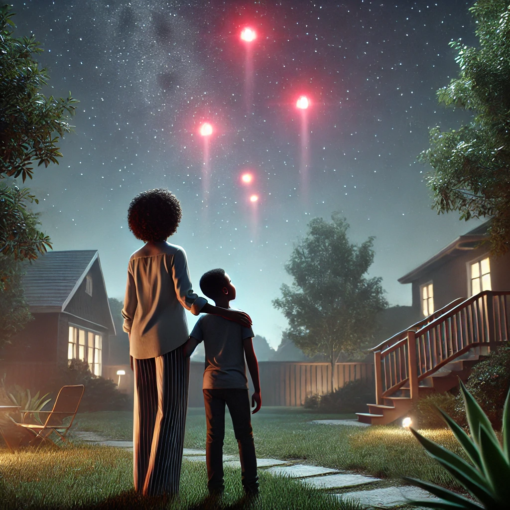 Dall·e 2025 01 15 10.19.09 A Photorealistic Nighttime Scene In A Suburban Backyard. An African American Woman And Her Son Stand Together, Looking Up At The Sky With Expressions