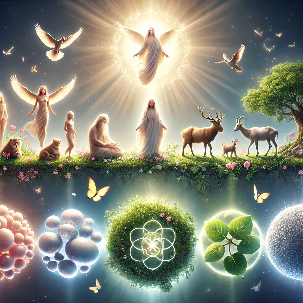 Dall·e 2025 01 07 12.39.52 A Simpler And More Beautiful Photorealistic Image Illustrating The Great Chain Of Being. At The Top, A Soft, Glowing Divine Light Representing God, Fo