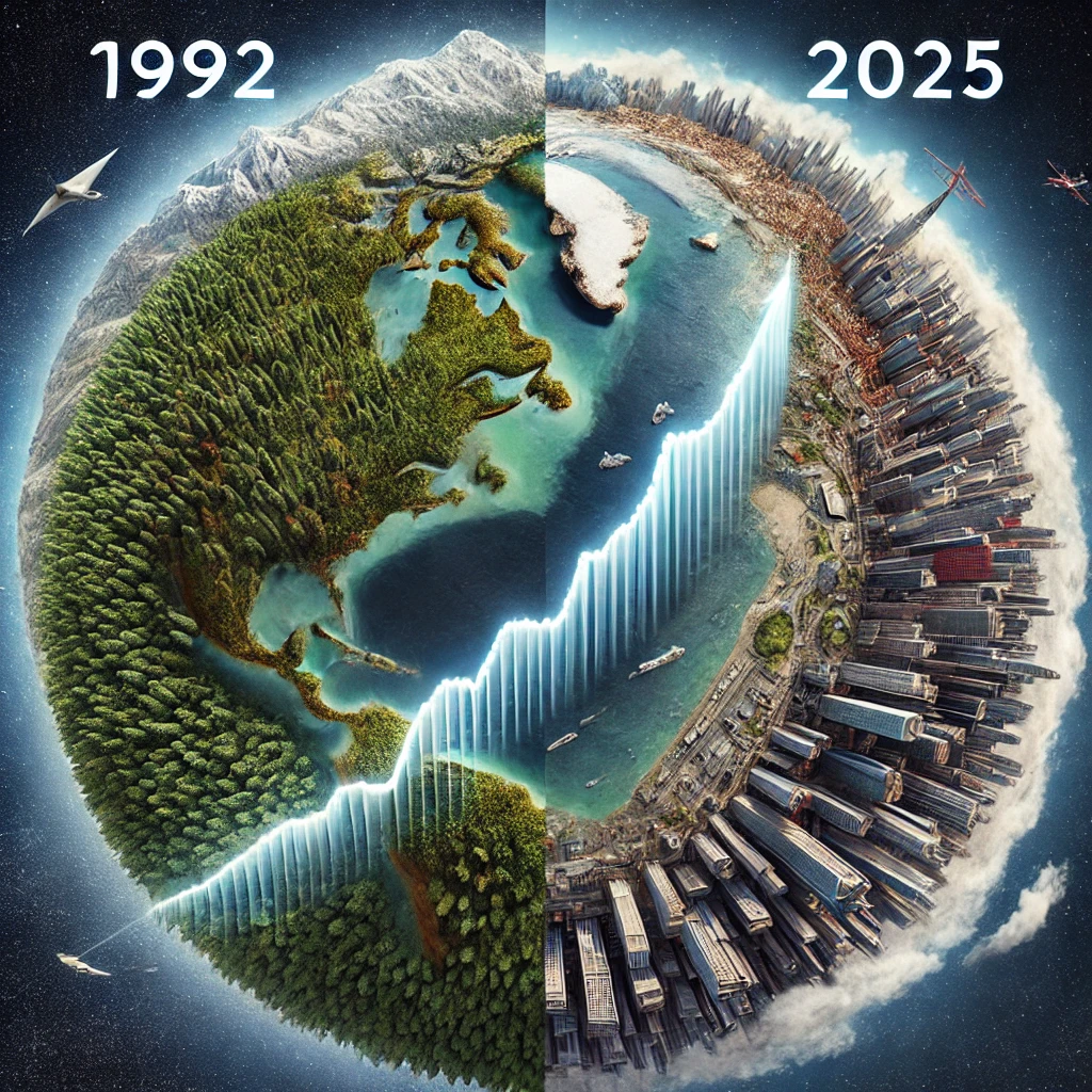 Dall·e 2025 01 02 00.35.26 A Photorealistic Image Contrasting 1992 And 2025 With The Population Graph Extending Fully From Left To Right To Show Continuous Growth. The Left Half