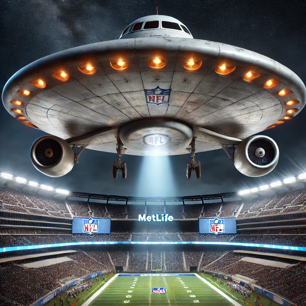 Dall·e 2025 01 08 00.24.04 A Photorealistic Depiction Of A Ufo Mimicking A Commercial Airplane At Night, Flying Over A Brightly Lit Metlife Stadium During An Nfl Game. The Ufo A