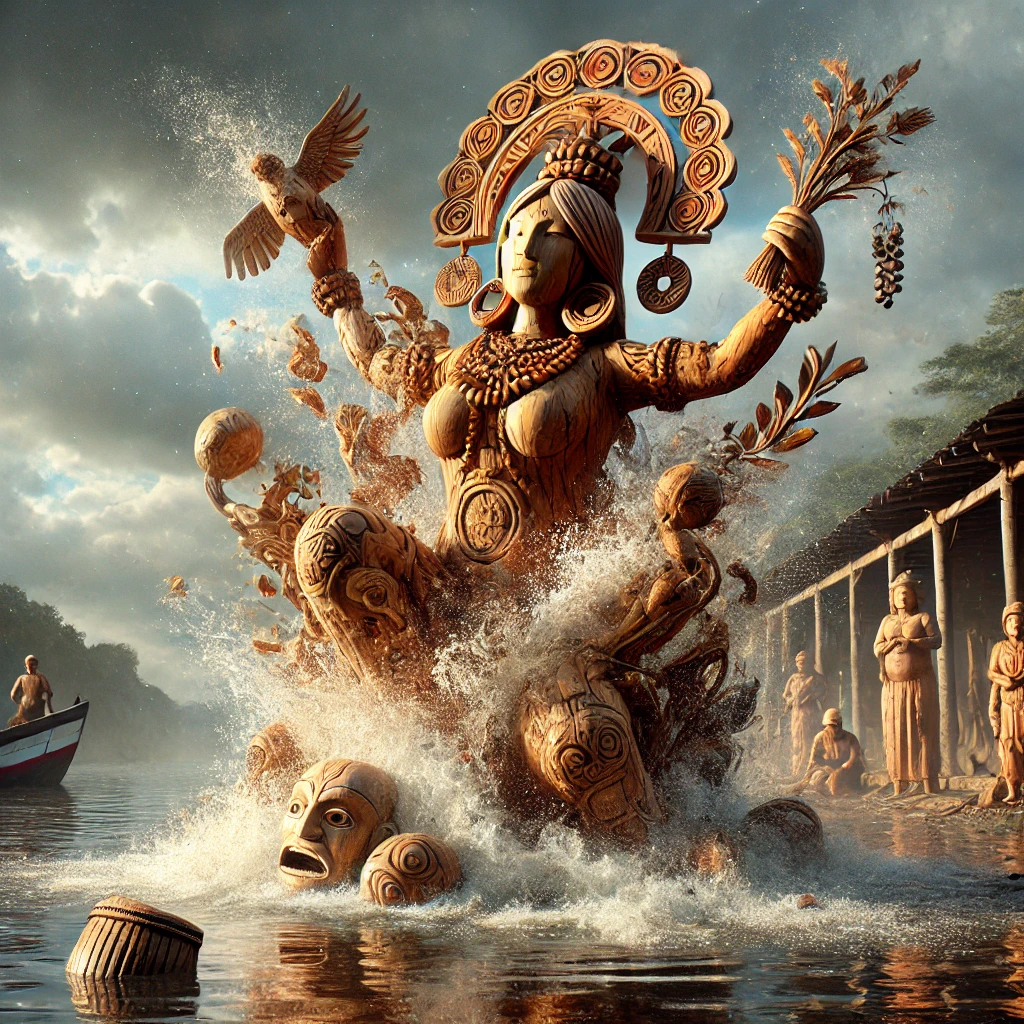 Dall·e 2025 01 10 23.47.48 Create A Photorealistic Image Depicting Wooden Statues Of Pachamama Being Thrown Into A River. The Statues Represent A Maternal Figure Intertwined Wit