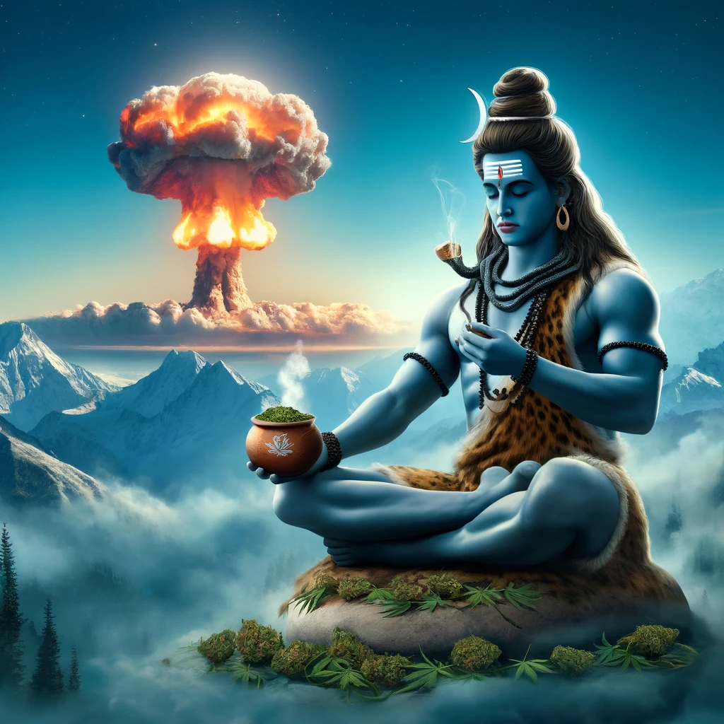 Dall·e 2025 01 30 12.08.22 A Photorealistic Image Of Lord Shiva Seated In Deep Meditation Atop A Serene Himalayan Peak. He Holds A Traditional Clay Cup Filled With Bhang, Symbol