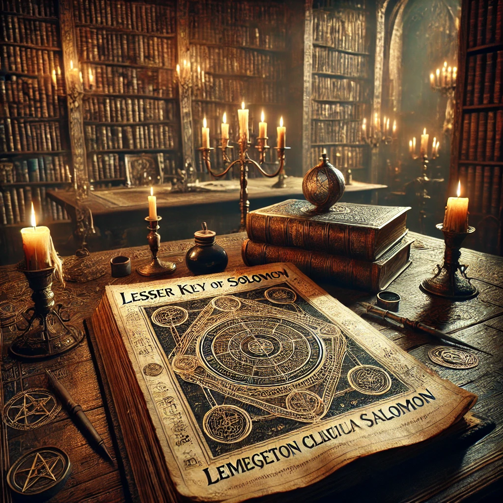 Dall·e 2025 01 20 23.49.42 A Dimly Lit Ancient Study With A Large Wooden Table At Its Center. An Open, Aged Manuscript Of The 'lesser Key Of Solomon' Rests On The Table, Its Pag