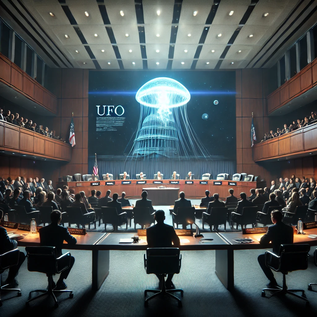 Dall·e 2025 01 15 00.34.49 A Photorealistic Depiction Of A Tense Congressional Hearing About Ufos. The Central Focus Is On A Whistleblower Presenting Evidence To A Panel Of Seri