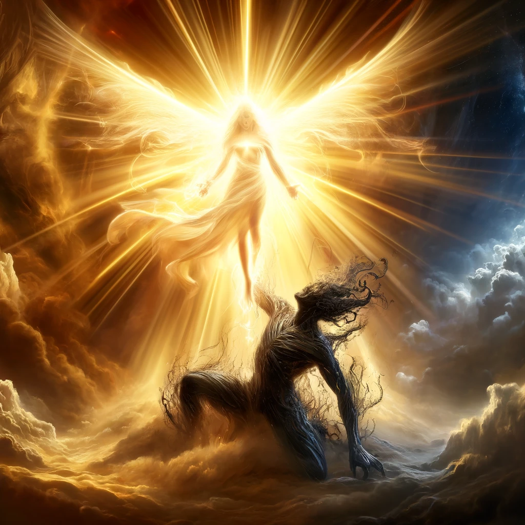 Dall·e 2025 02 12 16.00.43 A Powerful, Radiant Figure Of Light Triumphing Over A Dark, Shadowy Entity In An Epic Battle. The Figure Of Light, Glowing With Golden Energy, Stands