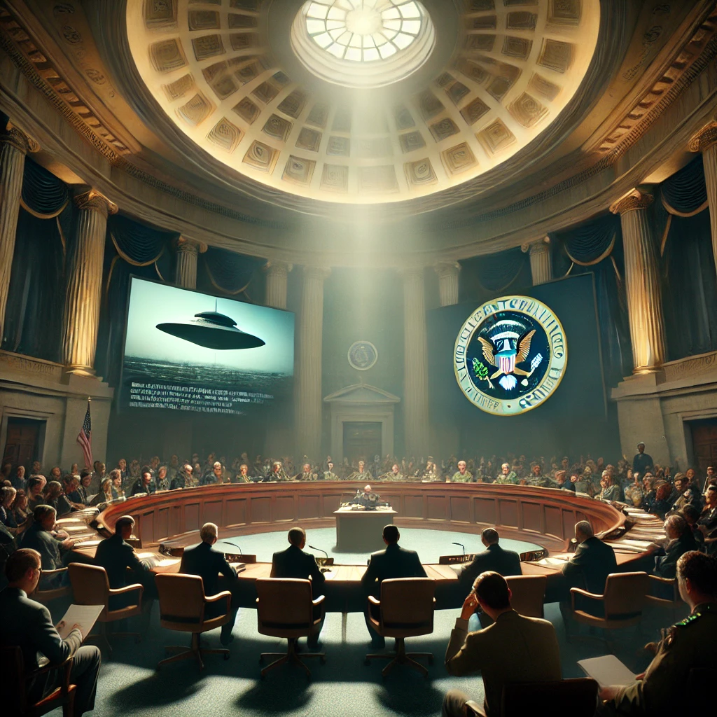 Dall·e 2025 02 15 00.32.49 A Photorealistic Image Depicting A U.s. Congressional Hearing On Unidentified Anomalous Phenomena (uaps). The Scene Shows A Grand Chamber With High Ce