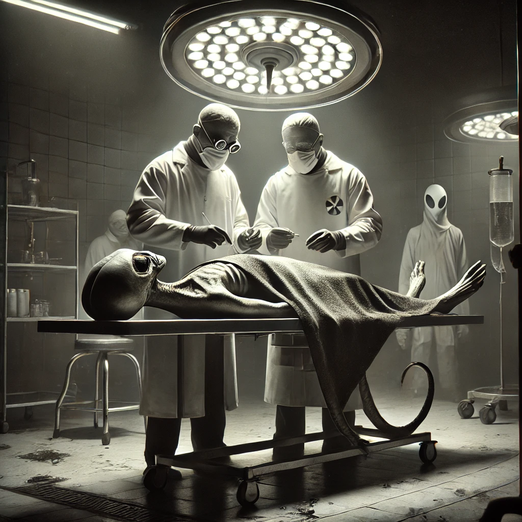 Dall·e 2025 02 22 23.01.02 A Photorealistic Image Depicting Two Scientists In Mid 20th Century Lab Coats And Surgical Masks Conducting A Classified Autopsy On An Unidentified Bi