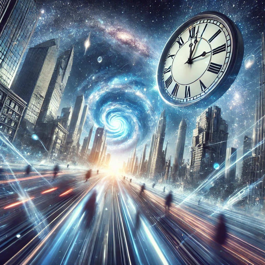 Dall·e 2025 02 19 22.06.33 A Photorealistic Depiction Of Time Accelerating A Futuristic Cityscape Where Clocks Appear To Melt And Warp, Buildings Stretch As If Being Pulled Thr