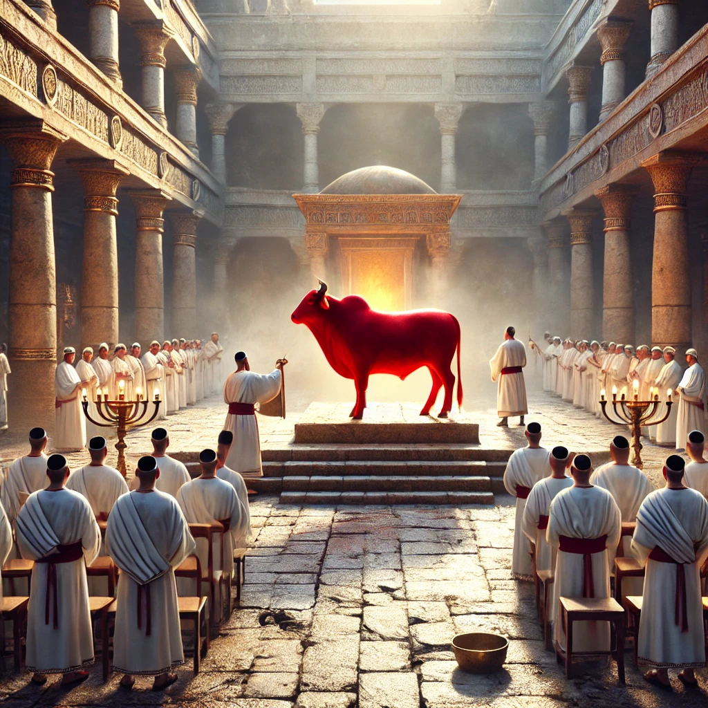 Dall·e 2025 02 06 10.49.09 A Photorealistic Image Of An Ancient Red Heifer Ritual Being Performed. The Setting Is A Historical Temple Courtyard, Resembling Descriptions Of The S