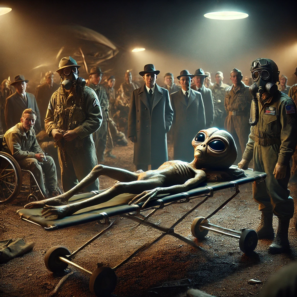 Dall·e 2025 02 24 02.29.47 A Highly Detailed, Realistic Depiction Of An Extraterrestrial Biological Entity (ebe) Lying On A Stretcher At The Roswell Crash Recovery Site In 1947