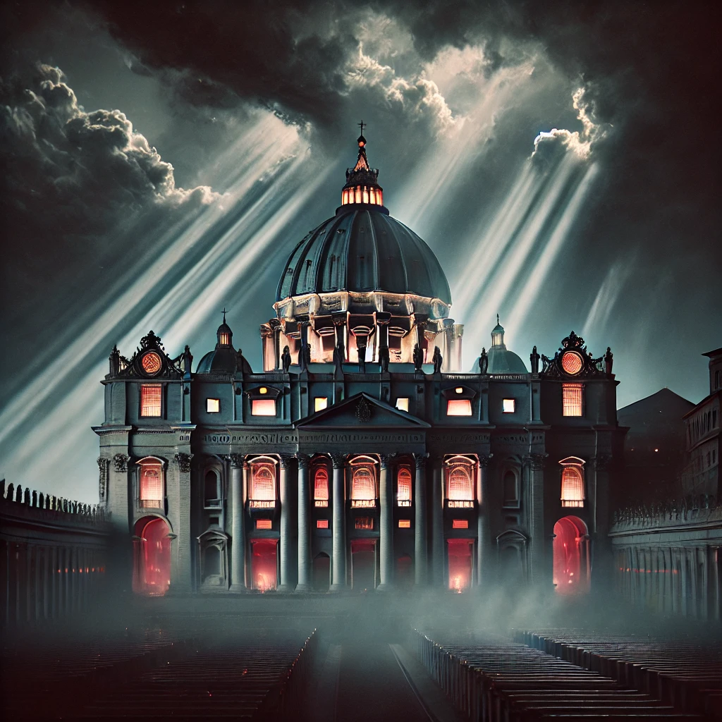 Dall·e 2025 02 07 02.03.44 A Photorealistic Image Of St. Peter's Basilica At Dusk, With Dark Storm Clouds Gathering Overhead. The Atmosphere Is Ominous, With Eerie Lighting Cast