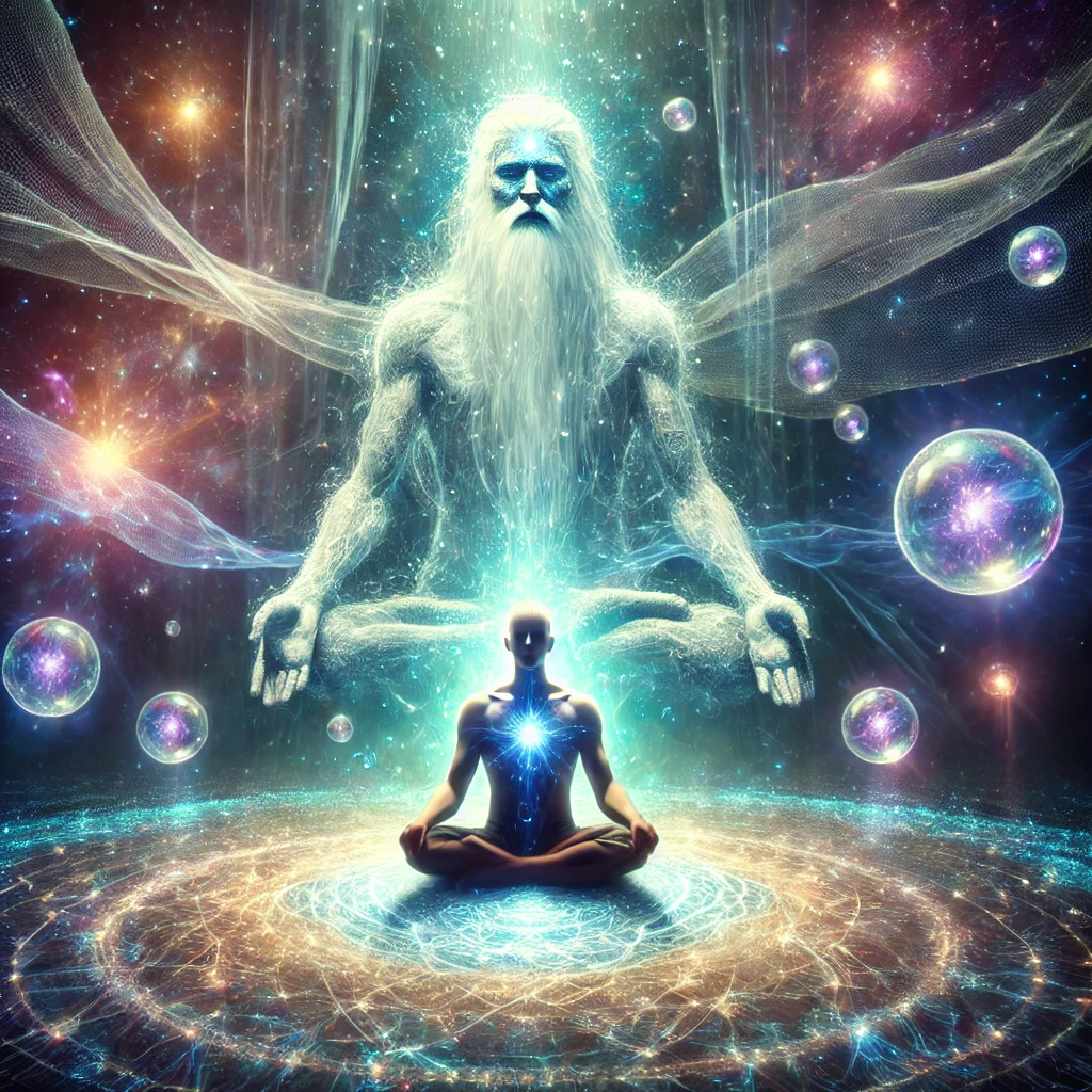 Dall·e 2025 03 17 17.35.46 a photorealistic depiction of an interdimensional channeling session. a person sits in deep meditation, surrounded by glowing ethereal light and energ